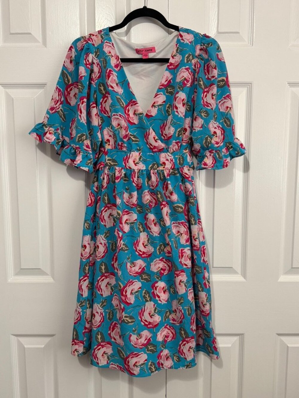 Betsey Johnson Size 12 V-Neck Bell Sleeve Floral Short Dress Island Blue